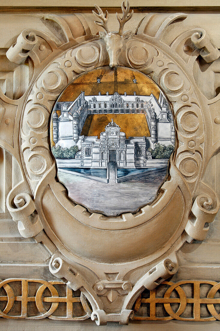 Detail Of The Fireplace With Diane'S Coat Of Arms And A Representation Of The Chateau, The Guardroom, Chateau D'Anet, Built In 1550 By Philibert De L'Orme For Diane De Poitiers, Henri Ii'S Favourite, Eure-Et-Loir (28), France