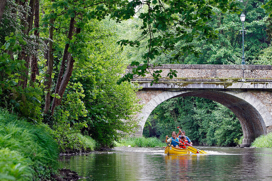 Passing A Stone Bridge, Canoeing-Kayaking Down The Huisne Between Margon And Nogent-Le-Rotrou, Region Of Perche, Eure-Et-Loir (28), France