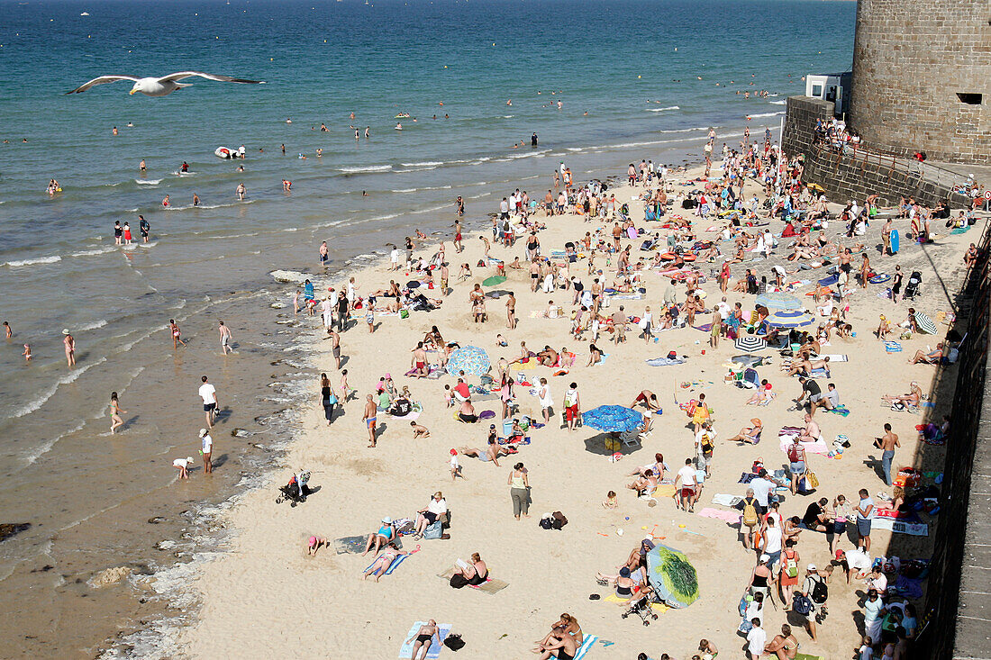 Bathers On The Eventail Beach At The Foot Of The Bidouane Tower, Saint-Malo, Ille-Et-Vilaine (35), France