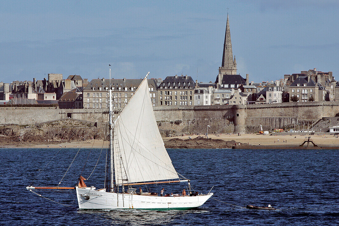 Sailboat And Fortified Town Seen From The Sea, Saint-Malo, Ille-Et-Vilaine (35), France