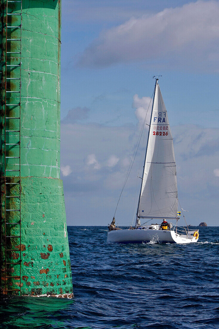 Sailboat Passing The Turret 'Le Buron' In The Bay Of Saint-Malo, Ille-Et-Vilaine, Bretagne, France