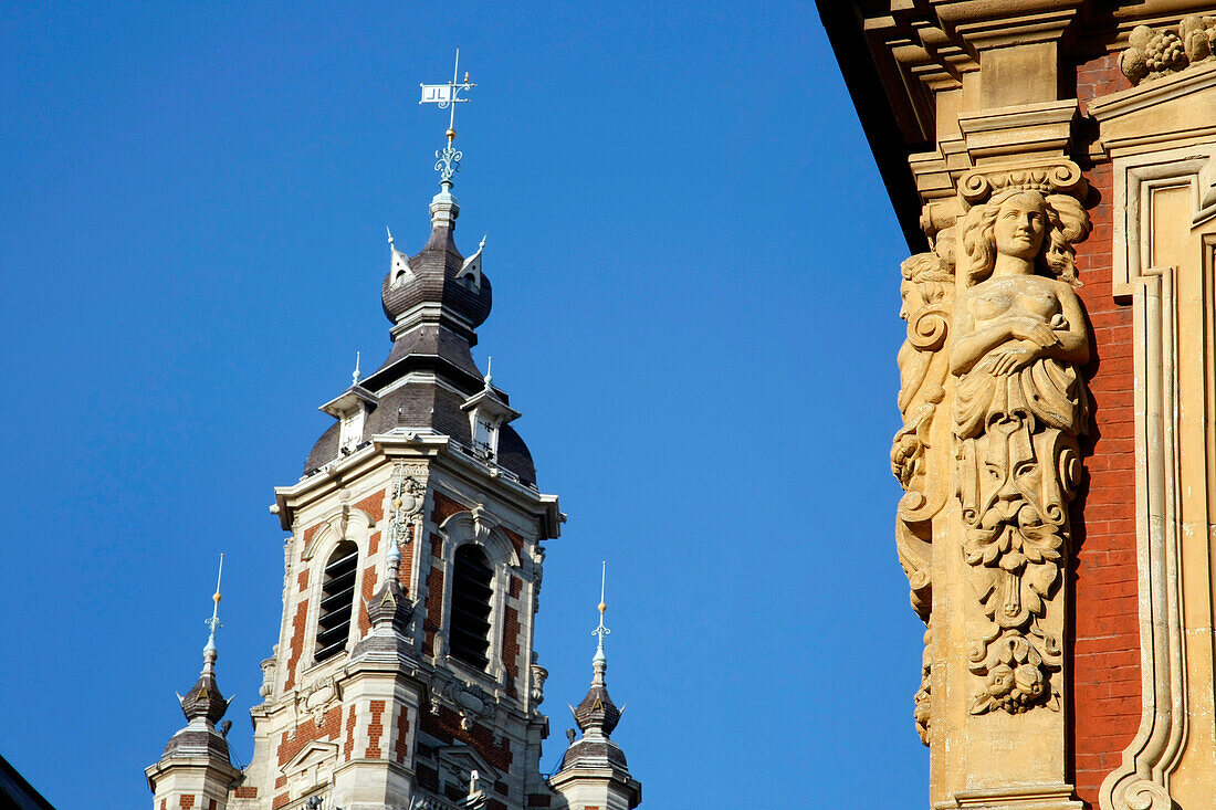 Detail Of The Facade Of The Old Stock Exchange Built In 1652, Flemish Baroque Architecture And The Belfry On The Chamber Of Commerce, The Main Square La Grande Place, Place Du General De Gaulle, Lille, Nord (59), France