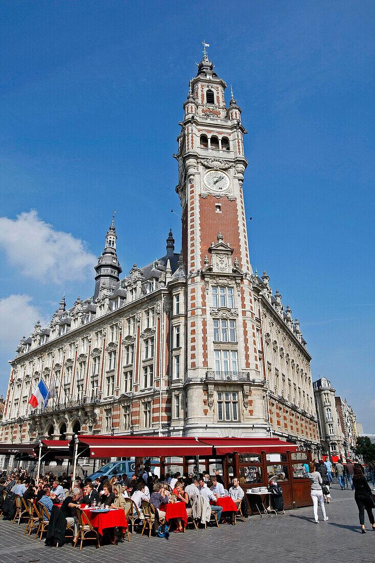 Sidewalk Cafes And Restaurants In Front Of The Belfry Of The Cci (Chamber Of Commerce And Industry), Place Du Theatre, Lille, Nord (59), France