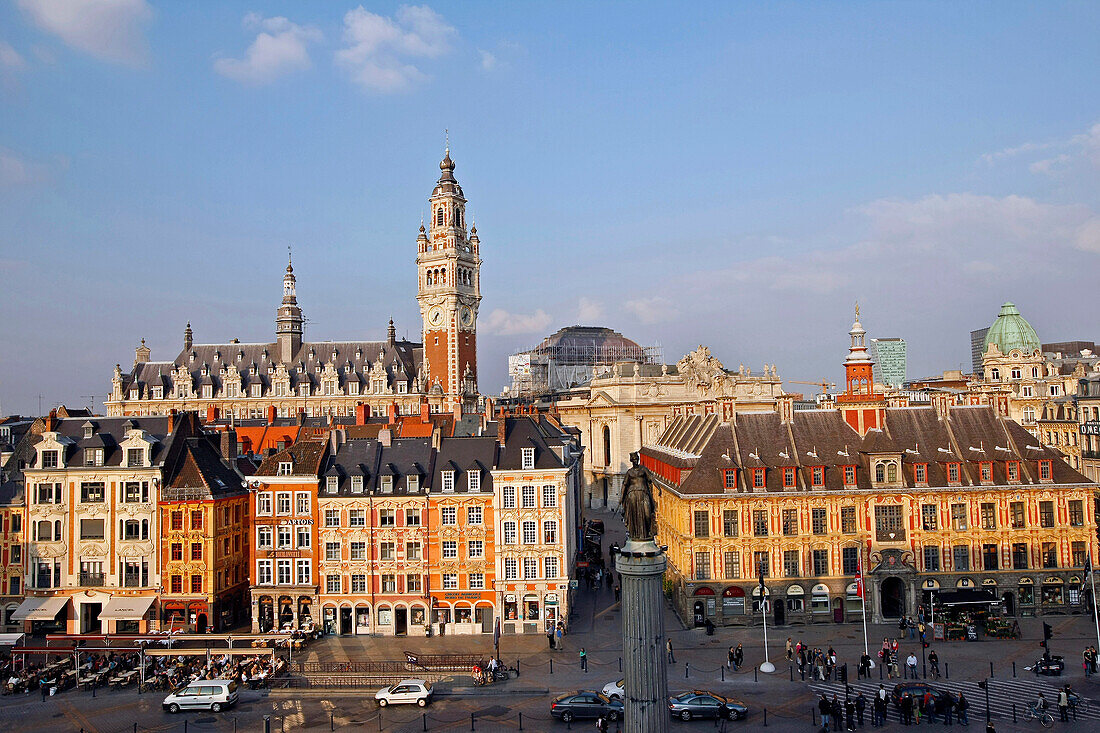 The Main Square La Grande Place, With The Old Stock Exchange, The Column Of The Goddess And The Belfry On The Chamber Of Commerce, Lille, Nord (59), France