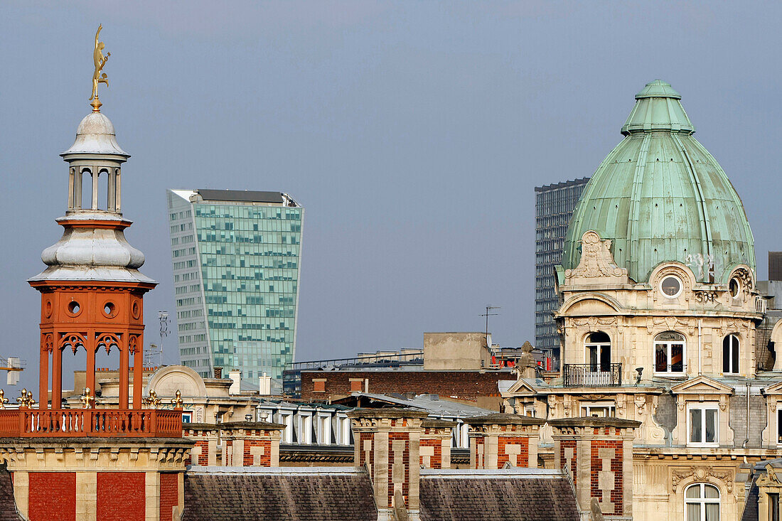 Dome Of The Old Stock Exchange Built In 1652 And 'Euralille', The Credit Lyonnais Tower, Seen From The Main Square La Grande Place, Lille, Nord (59), France