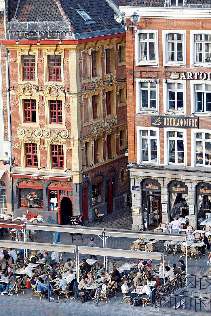 Terraces Of The Restaurants 'Le Coq Ardi' And 'La Houbloniere' With The Decorated Facades Of The Buildings On The Main Square La Grande Place, Lille, Nord (59), France