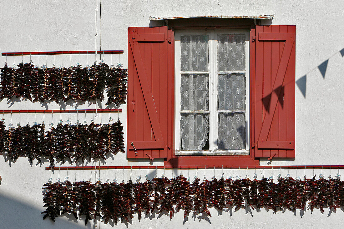 Espelette Chilies, House Facades, Espelette, Pyrenees Atlantiques, (64), France, Basque Country, Basque Coast