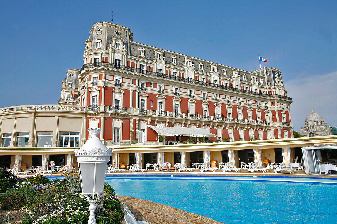 Swimming Pool And The Hotel Du Palais, Biarritz, Pyrenees Atlantiques, (64), France, Basque Country, Basque Coast