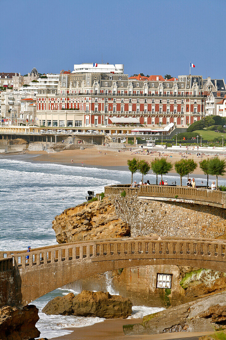 Footbridge To Access The Basta Rock, Oceanfront, Grande Plage Beach And Hotel Du Palais, Biarritz, Pyrenees Atlantiques, (64), France, Basque Country, Basque Coast