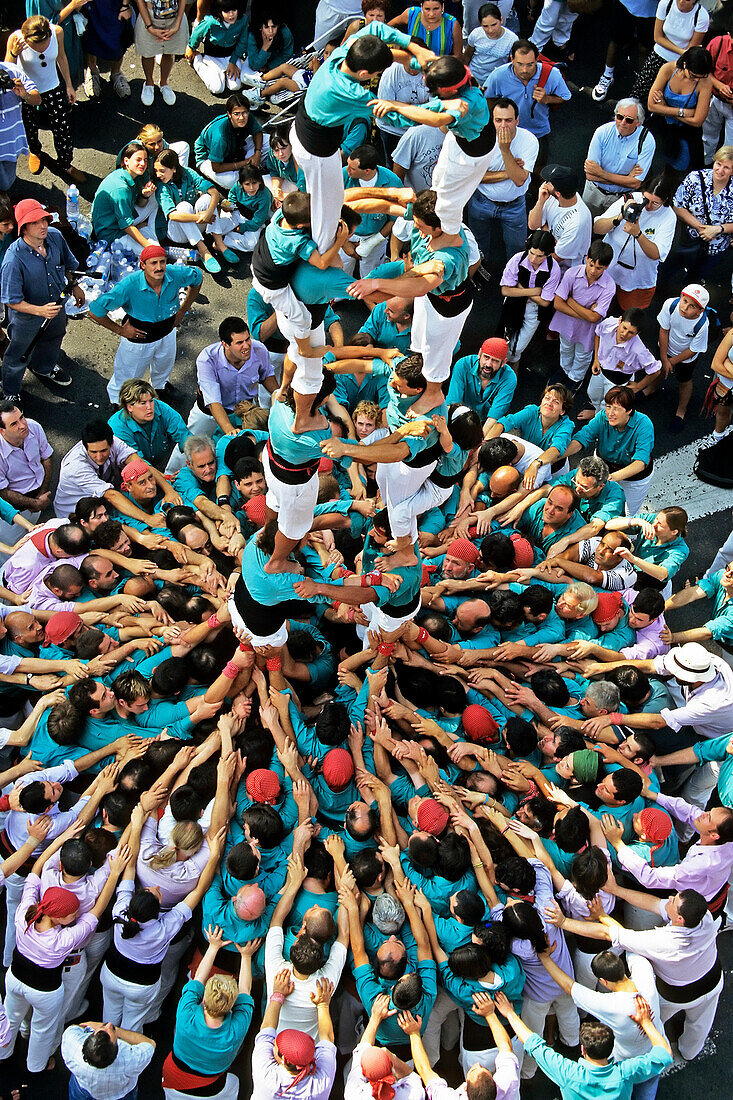 Human Pyramid Or Tower, The Castellers Of Catalonia, Perpignan, Pyrenees-Orientales (66), France