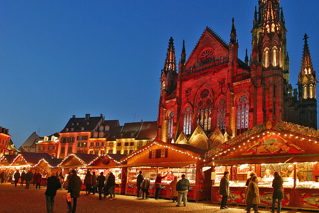 Christmas Market In Front Of The Church St-Etienne Mulhouse, Place De La Reunion, Haut-Rhin (68), Alsace, France