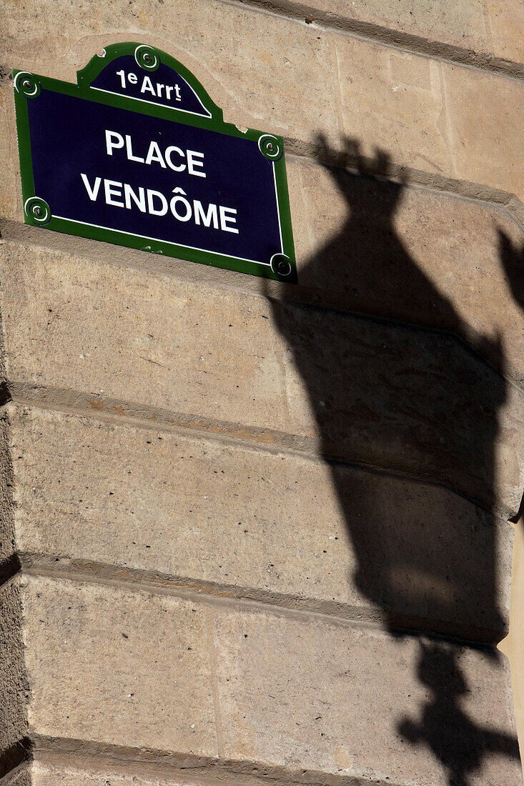 Plaque Of The Place Vendome With The Shadow Of A Streetlamp, Paris, France, Europe