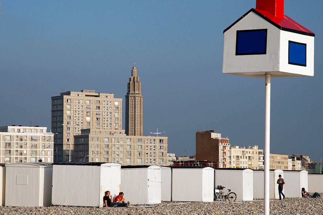 Shingle Beach And Beach Huts In Front Of Buildings By The Architect Auguste Perret, Classed As World Heritage By Unesco, Le Havre, Seine-Maritime (76), Normandy, France