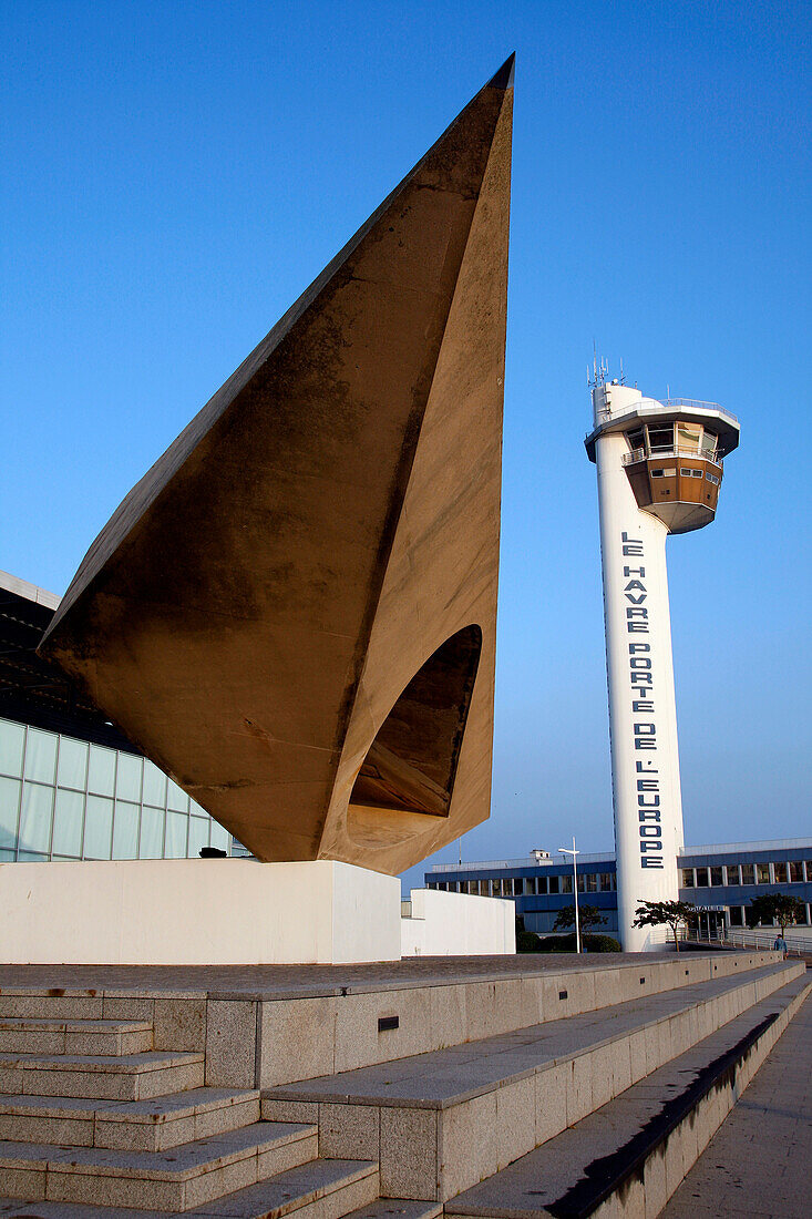 Facade Of The Andre Malraux Museum And The Control Tower Of The Harbor Master'S Office In The Port Of Le Havre, Seine-Maritime (76), Normandy, France
