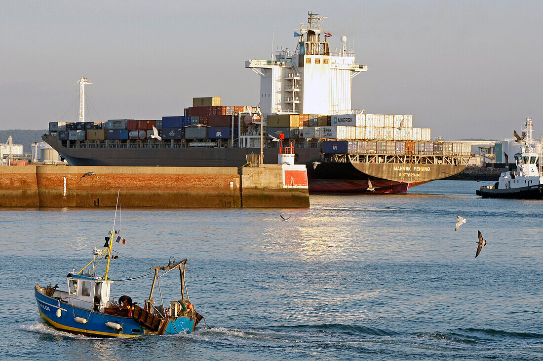 Trawler Entering The Port In Front Of A Container Ship, Commercial Port, Le Havre, Seine-Maritime (76), Normandy, France