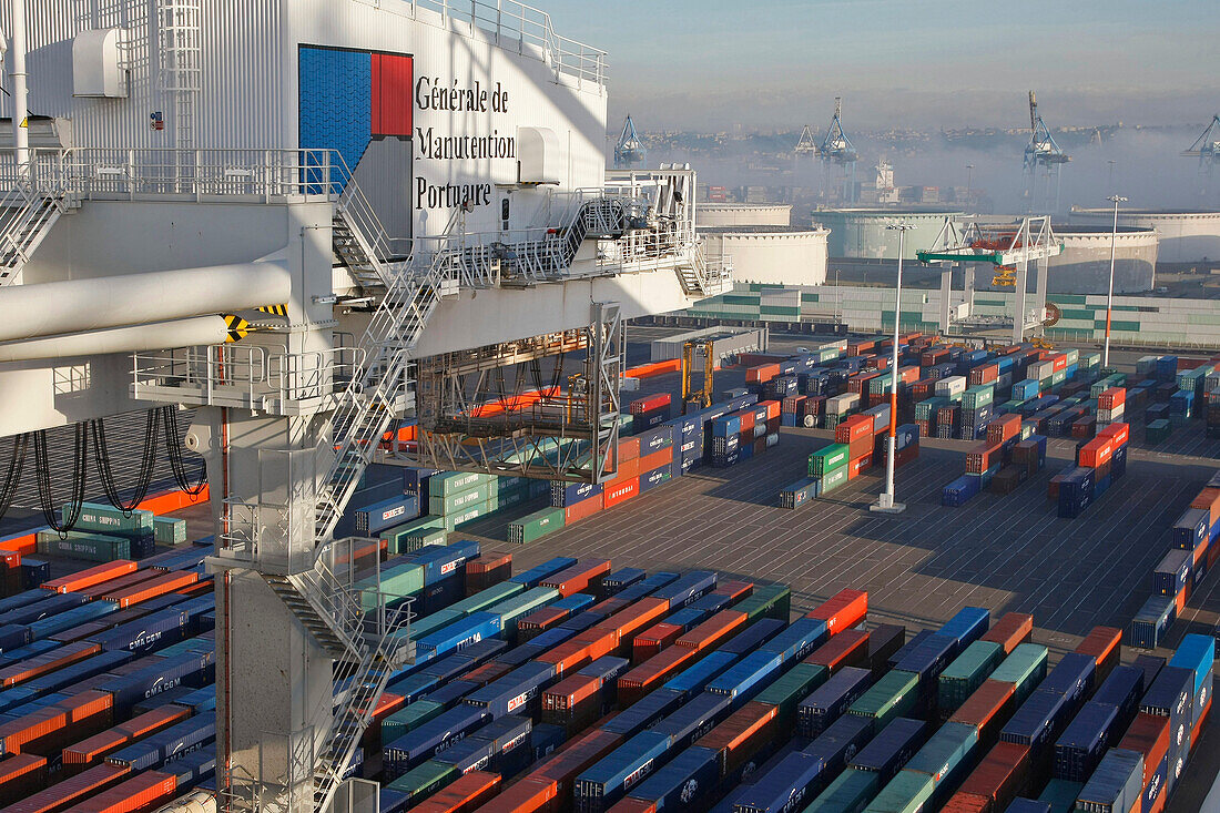 Container Storage Zone And Oil Tanks On The Terminal Of France Port 2000, Commercial Port, Le Havre, Normandy, France