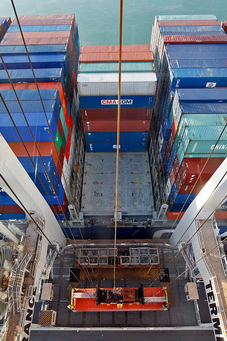 Loading Of Containers Onto A Cargo Boat, Terminal Of France Port 2000, Commercial Port, Le Havre, Normandy, France