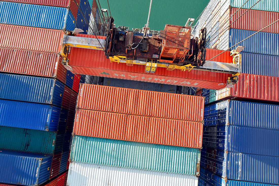 Loading Of Containers Onto A Cargo Boat, Terminal Of France Port 2000, Commercial Port, Le Havre, Normandy, France