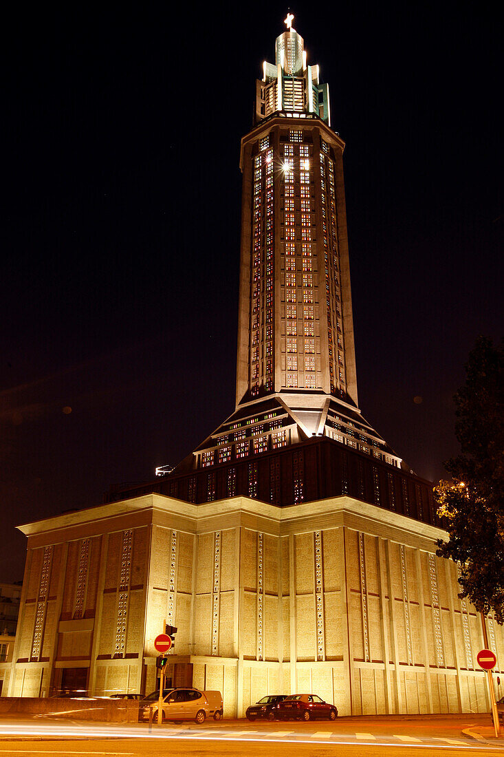 Exterior At Night Of The Saint Joseph Church, Architecture By Auguste Perret, Classed As World Heritage By Unesco, Le Havre, Seine-Maritime (76), Normandy, France