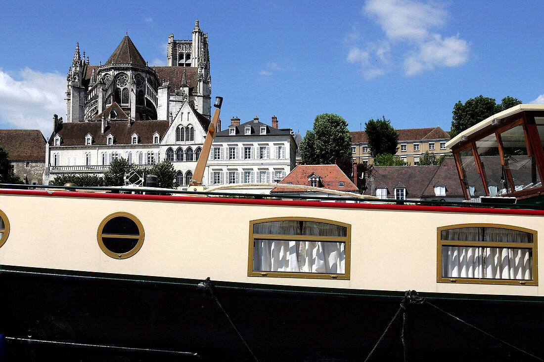 Barge And Cathedral Along The Yonne, Auxerre, Yonne (89), Bourgogne, France