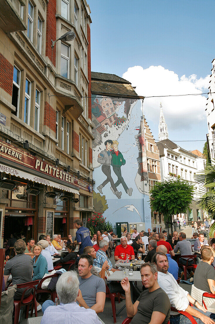 Sidewalk Cafe, Wall Of A Building Painted With A Big Cartoon By Frank Pe, Brussels, Belgium