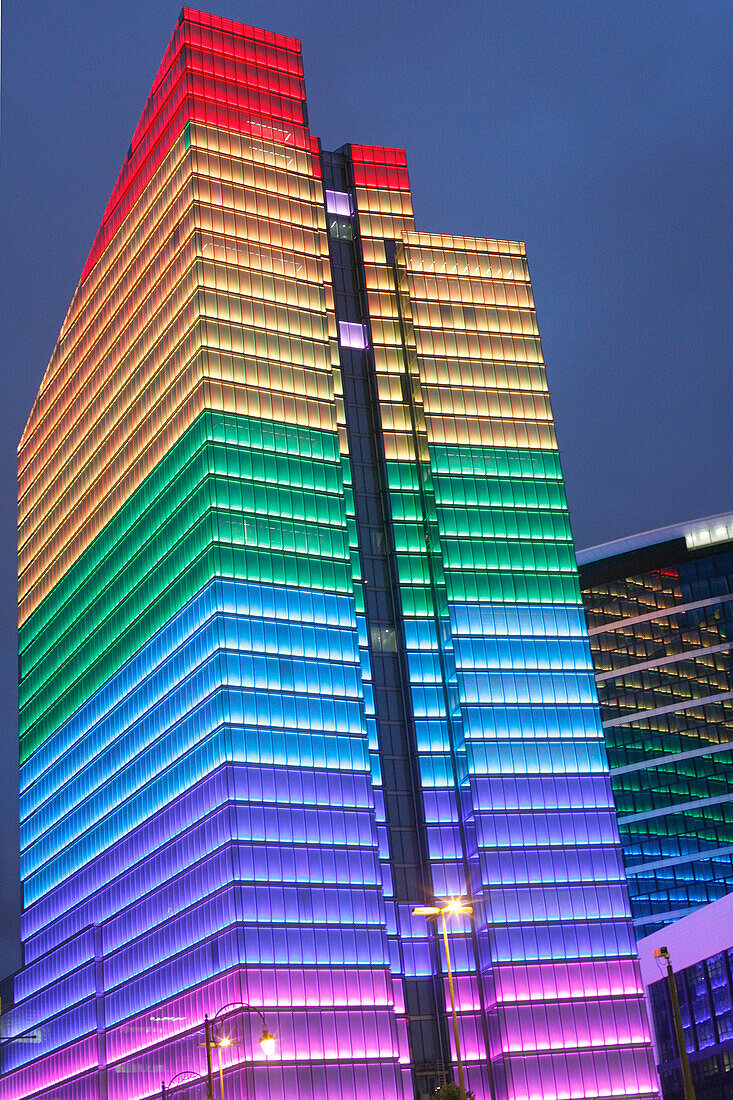 Colorful Lighting Of The Dexia Tower, It Was Designed By The Architects' Firms M And J.M. Jaspers-J.Eyers And Partners, Philippe Samyn And Partners. The Dexia Tower, 145 Meters High, 6, 000 Windows. For 4, 200 Of Them An Installation Composed Of 12 Lamps 