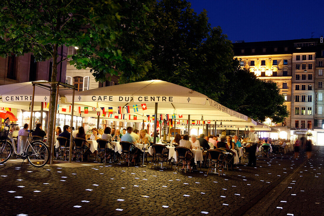 Cafe In The Center At Night, Place Du Molard, Geneva, Switzerland