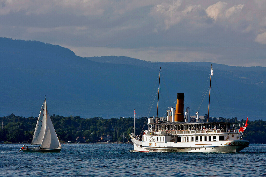 Cruise Boat And Sailboat On Lake Geneva, Geneva, Switzerland