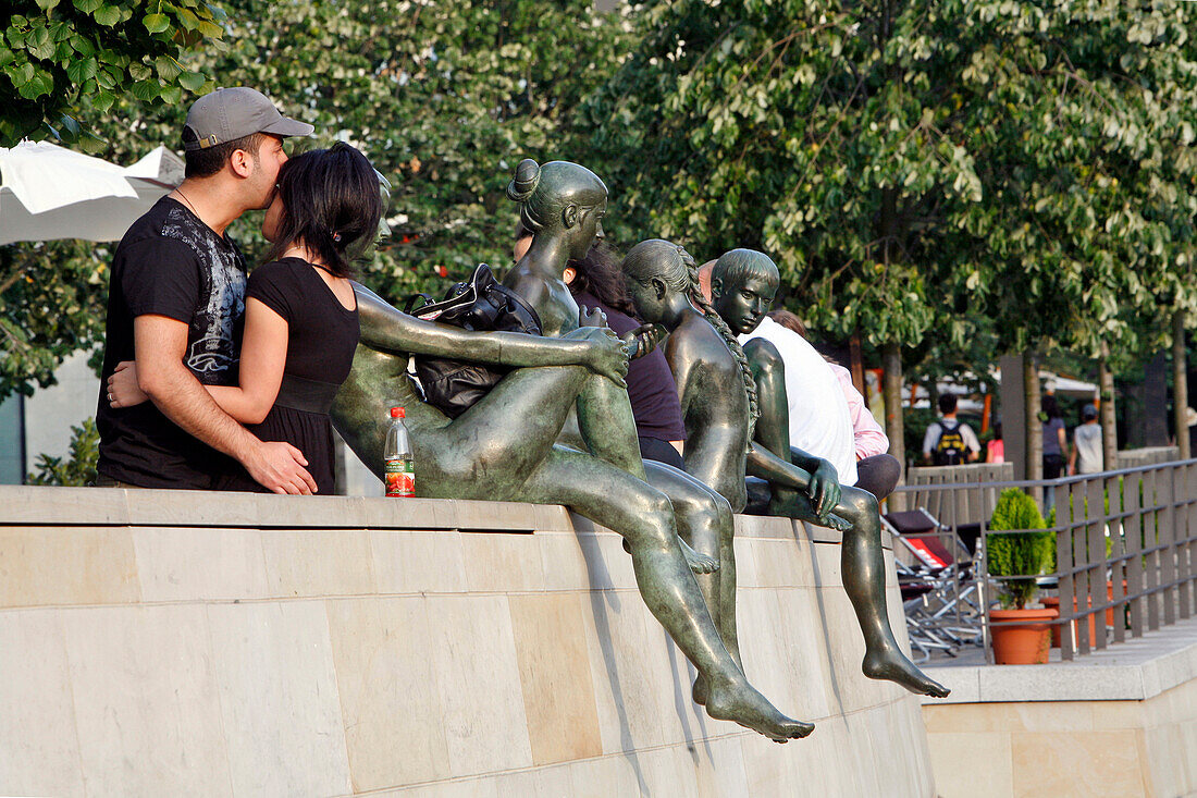 Couple On The Banks Of The Spree And Sculptures, Museum Island, Berlin, Germany