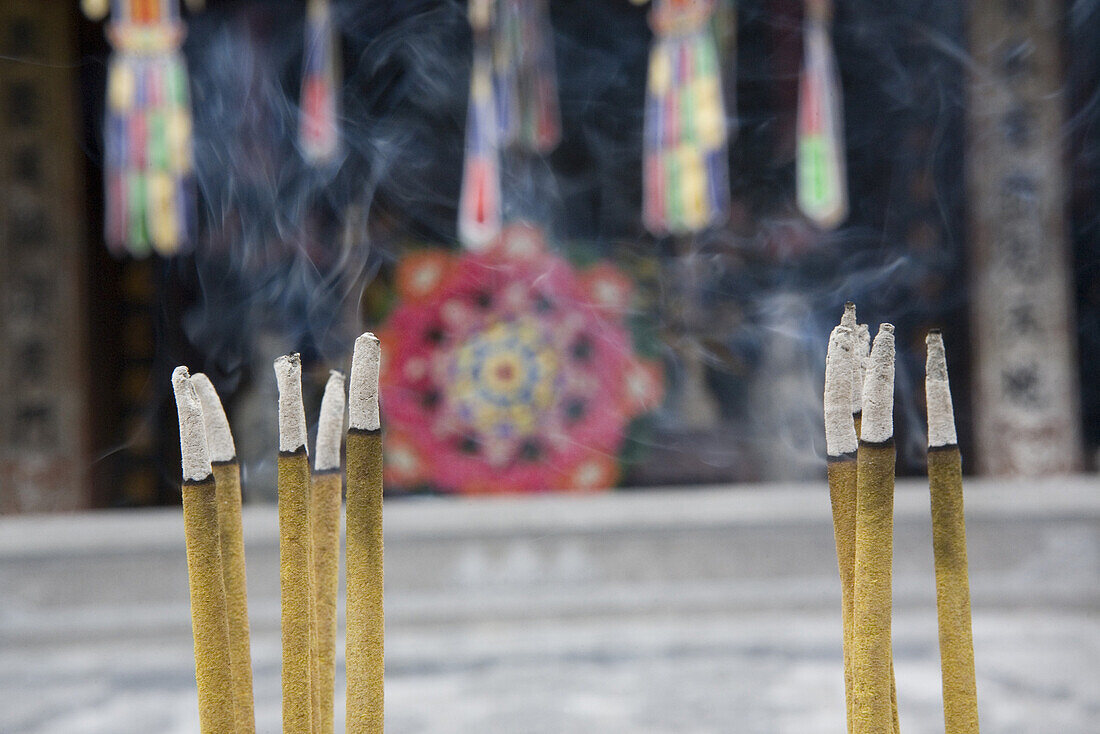 Close-up of joss sticks at a temple, Ninh Binh Province, Vietnam, Asia