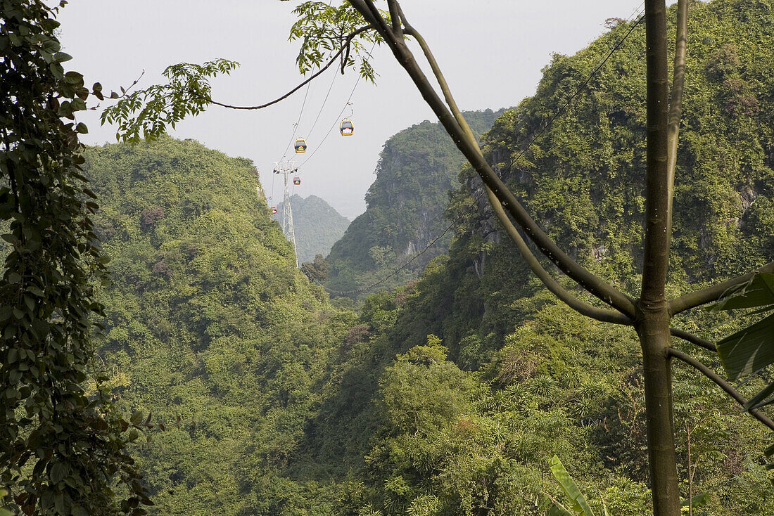 Cable car on green Huong Tich mountain at the Ninh Binh Province, Vietnam, Asia