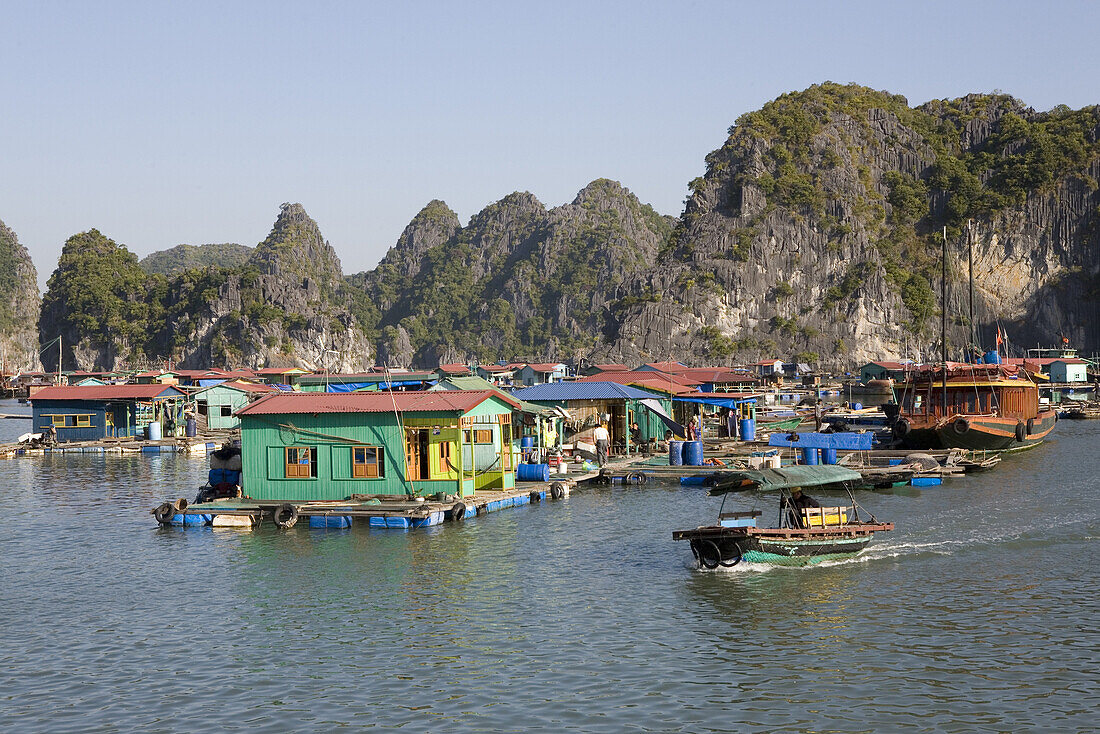 Bunte Häuser im Sonnenlicht, schwimmendes Fischerdorf in der Halong Bucht im Golf von Tonkin, Vietnam, Asien