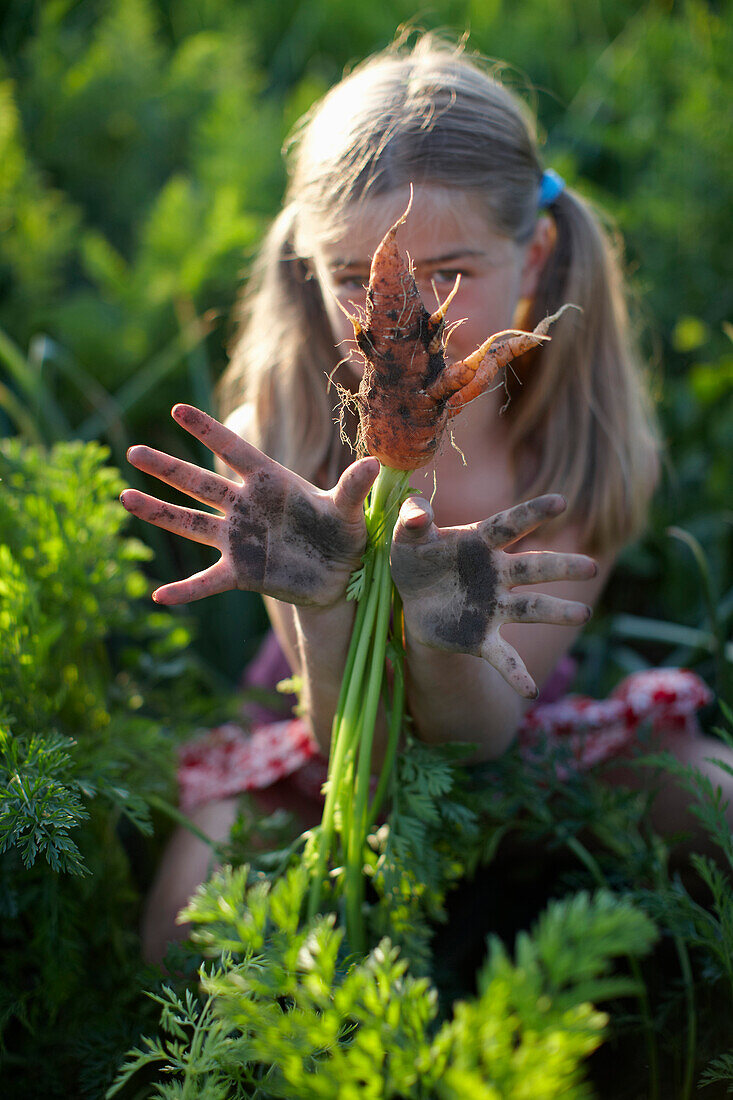 Girl (8-9 years) holding a carrot, Lower Saxony, Germany