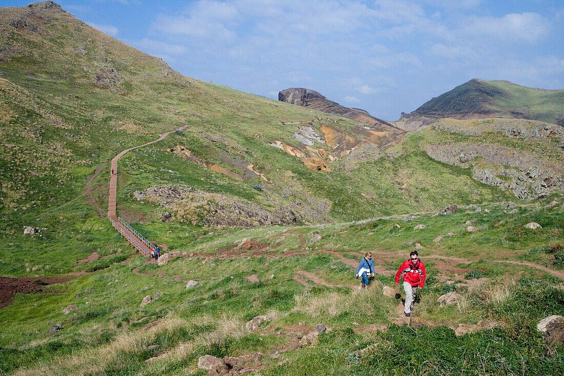 Hikers on a hike to Ponta de Sao Laurenco, Near Canical, Madeira, Portugal
