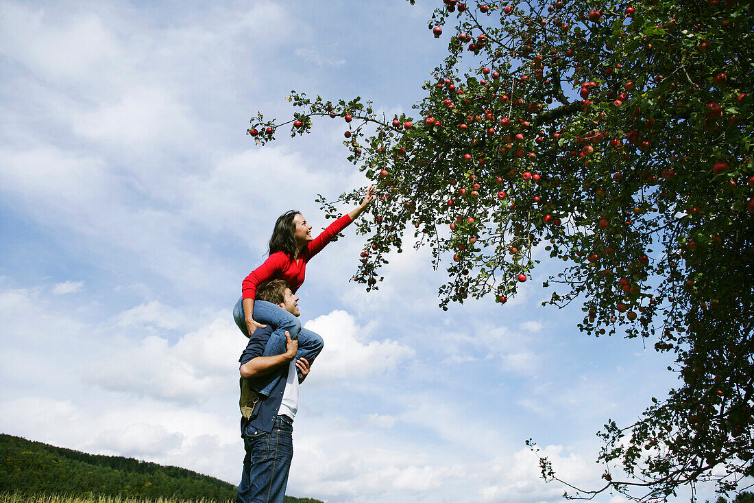 Woman on man's shoulders, reaching for an apple, Styria, Austria