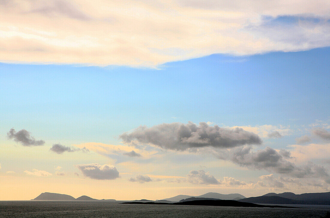 Coastline and clouds in the evening light, Ring of Beara, Beara Peninsula, County Cork, southwest coast, Ireland, Europe