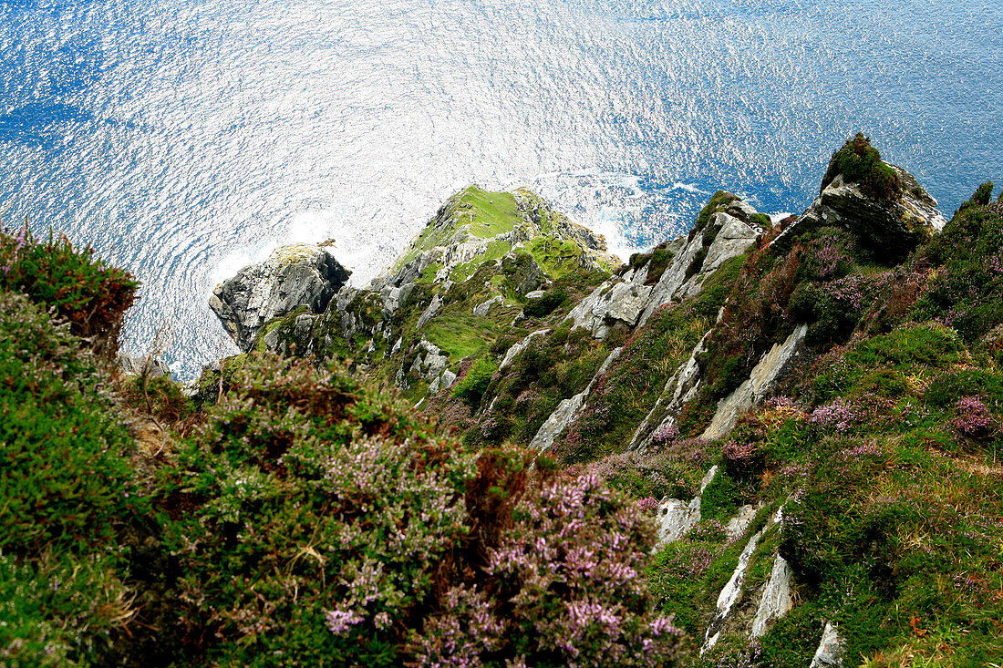 High angle view at rocky coast and ocean, Cliffs of Croaghaun, Achill Head, Achill Island, County Mayo, West coast, Ireland, Europe