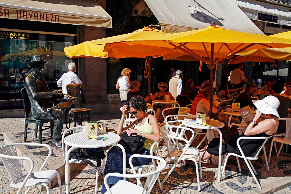 Rua Garrett, Sidewalk Cafe A Brasileira And Statue Of Fernando Pessoa, Chiado District, Portugal, Europe