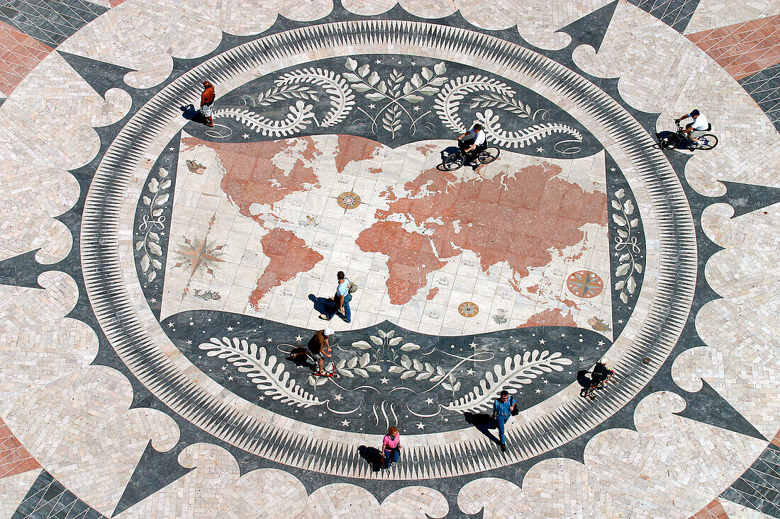 At The Foot Of The Discoveries Monument, A Mosaic Represents The Map Of The World Set In A Compass Rose, Belem, Lisbon, Portugal