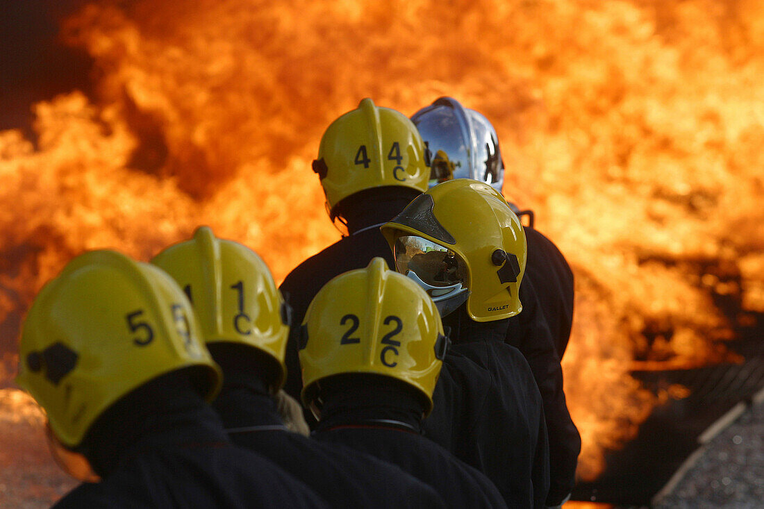 Firefighters In Action For Training Exercise In Hydrocarbon Fire Extinguishing, Gesip, Vernon, Eure (27), France