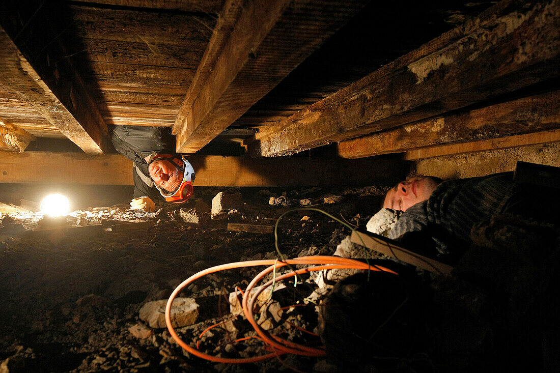 Searching Under The Floor For A Person Trapped Within The Rubble Following A Partial Collapse, Training Of The Fire Department'S Rescue Clearance Team, Abondance, Haute-Savoie (74), France