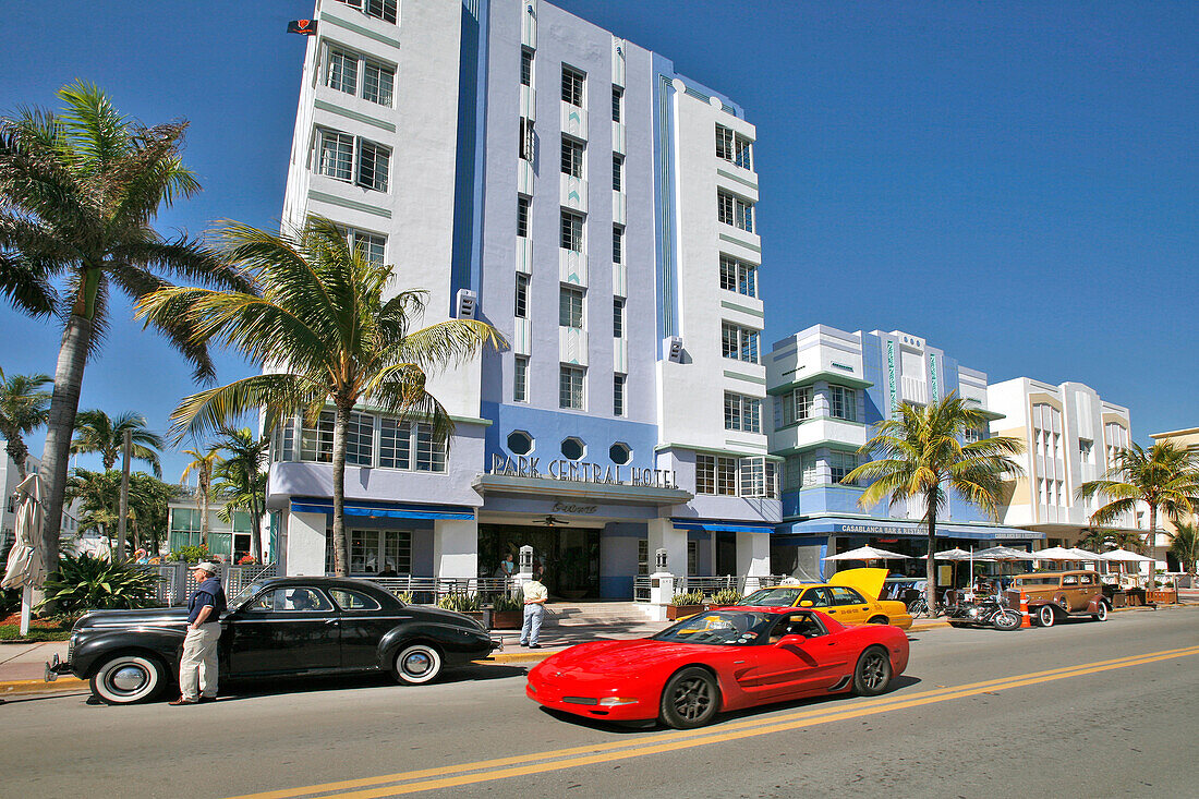 Red Sports Car, Ocean Drive, Art Deco Neighborhood, Miami Beach, Miami, Florida, Usa