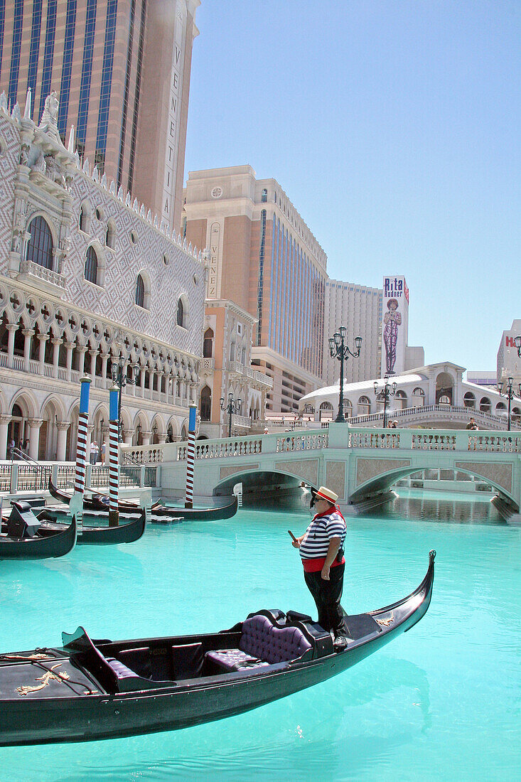 Gondolier On His Gondola, Hotel The Venitian, Las Vegas, Nevada, United States, Usa