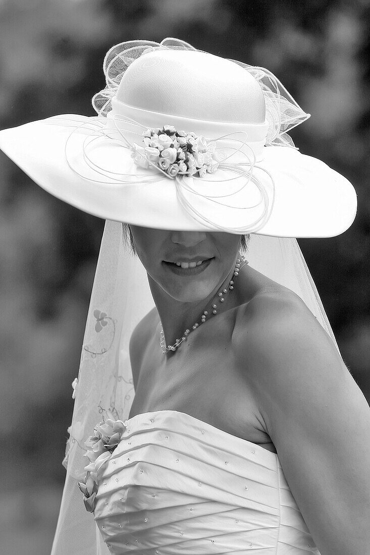Bride In Gown And Hat On The Day Of Her Wedding, France