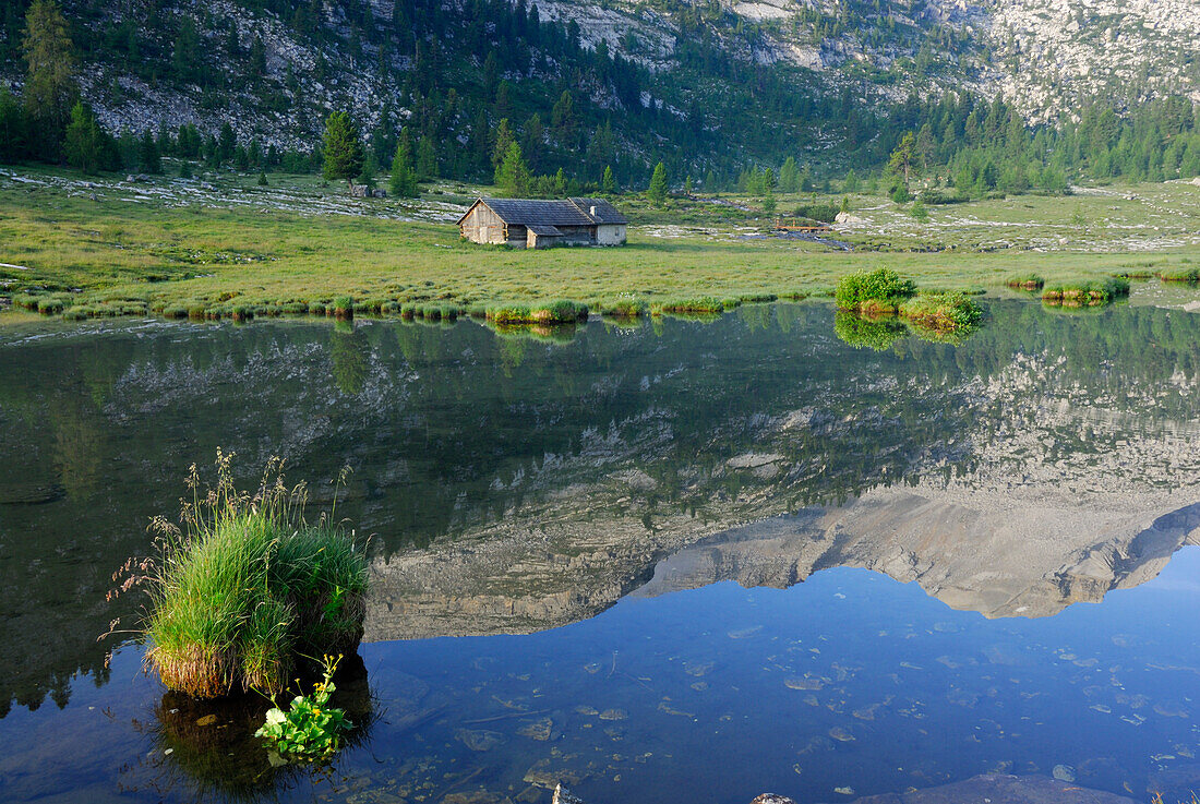 Berge spiegeln sich im Grünsee, Fanesalm, Naturpark Fanes-Senes-Prags, Dolomiten, Trentino-Südtirol, Italien