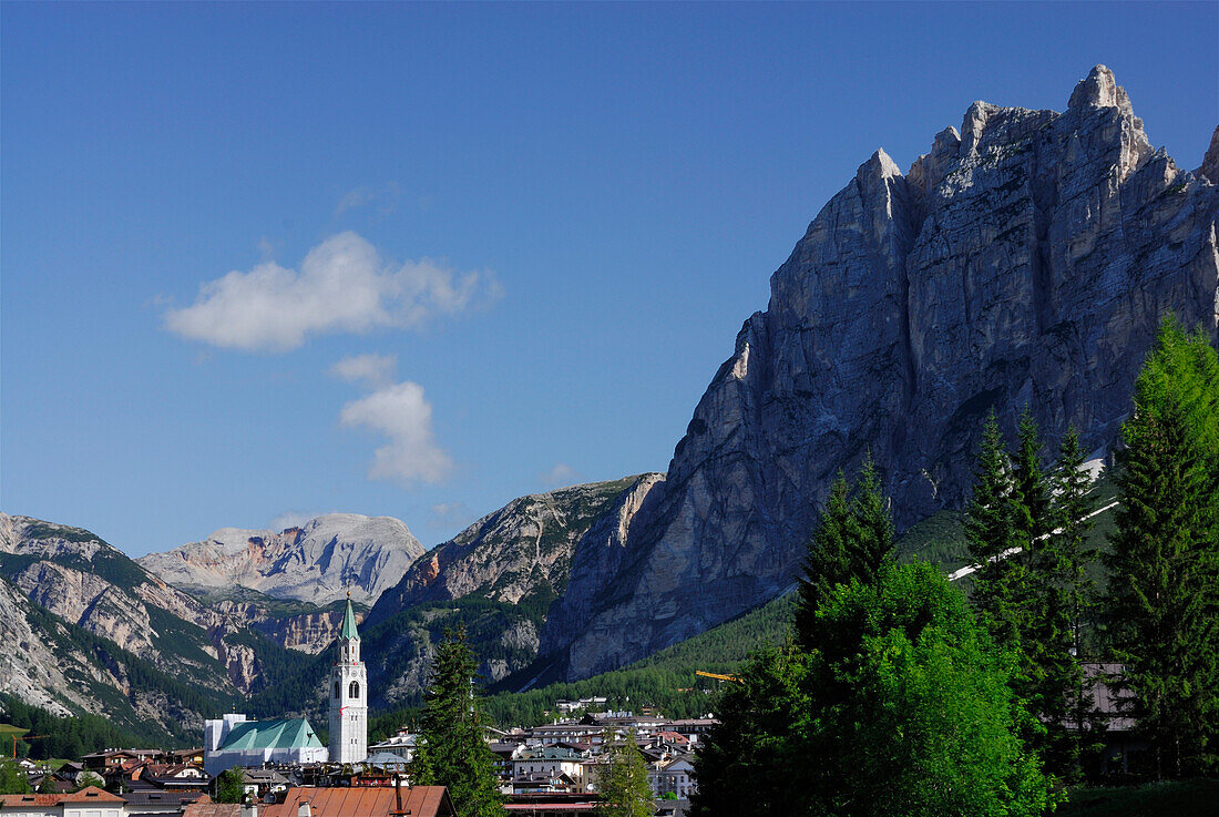 View to Cortina d' Ampezzo with Punta Fiames, Dolomites, Veneto, Italy