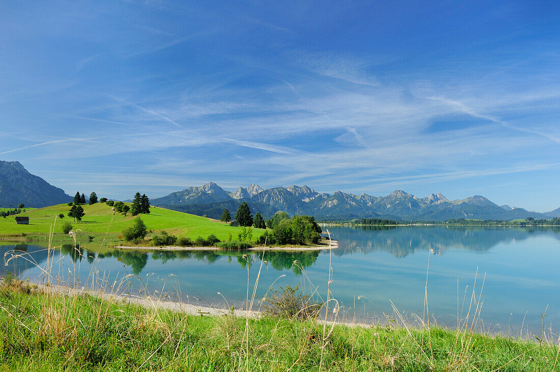 Forggensee mit Tannheimer Berge im Hintergrund, Allgäu, Schwaben, Bayern, Deutschland