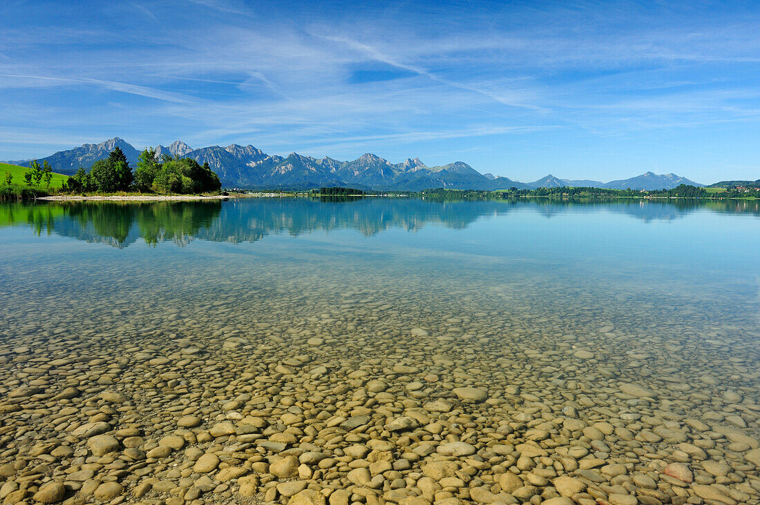 Lake Forggensee with Tannheim range in background, Allgaeu, Bavaria, Germany