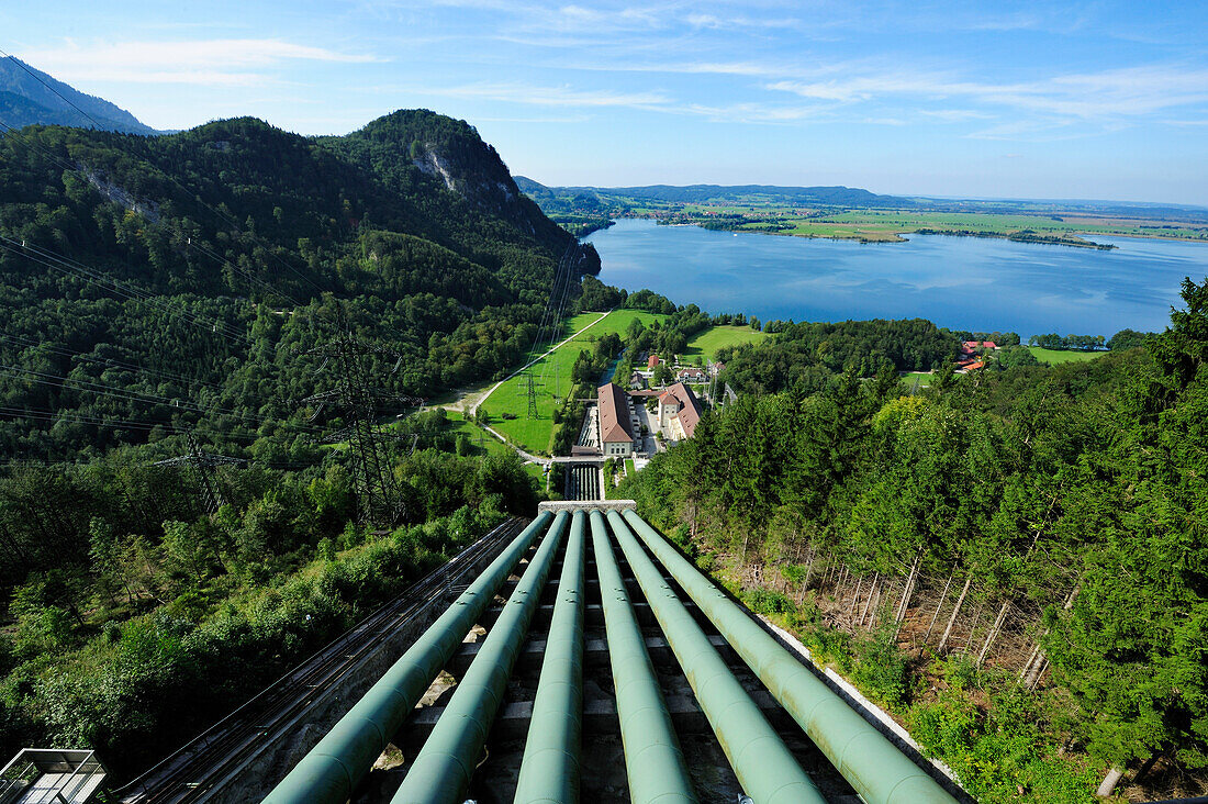 Down pipe of hydropower station lake Walchensee and pylons, lake Kochelsee in background, Bavarian Alps, Upper Bavaria, Bavaria, Germany