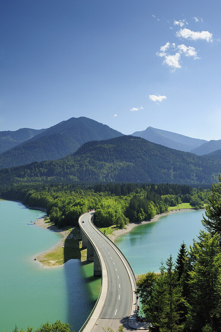 Bridge crossing reservoir Sylvensteinsee, Karwendel range, Upper Bavaria, Bavaria, Germany